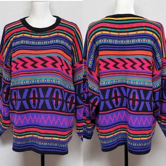 Vintage 1980s Jordache Neon Retro Bodacious Crewneck Boxy Colorblock Sweater 22W - Picture 2 of 12